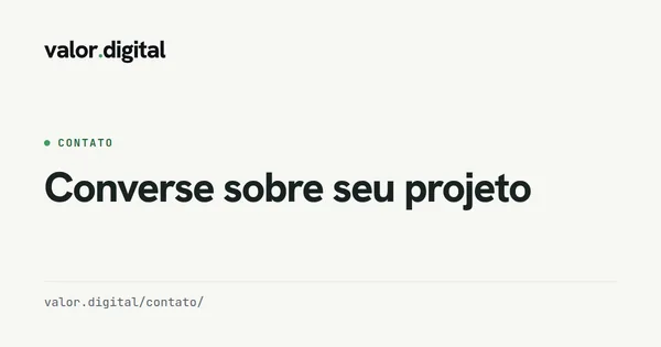 Imagem de compartilhamento da página de contato, em fundo papel: wordmark, o rótulo Contato e o título Converse sobre seu projeto.